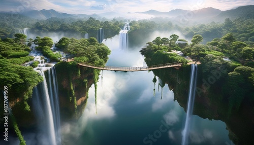 A series of fantacy playful floating verdant islands suspended in mid-air