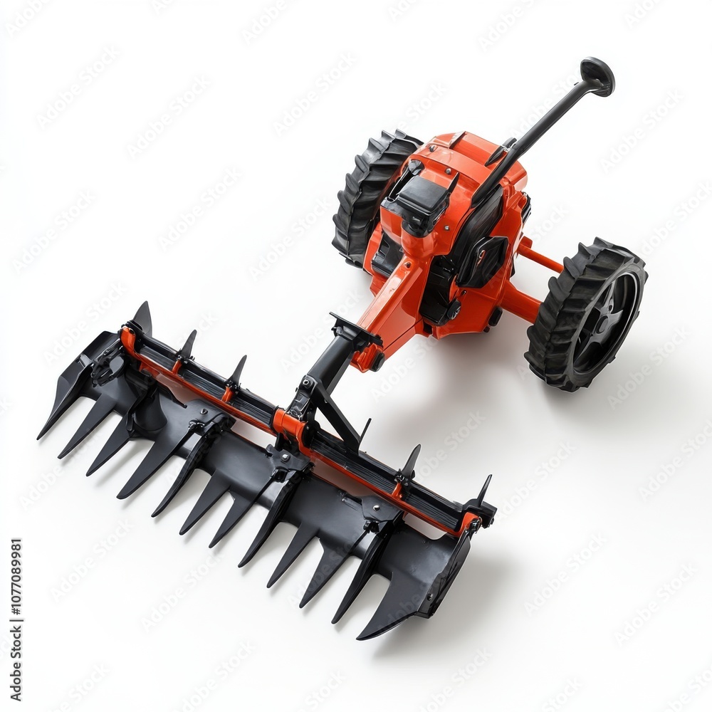 Naklejka premium Modern orange agricultural trencher machine with wide cutting blades on white background