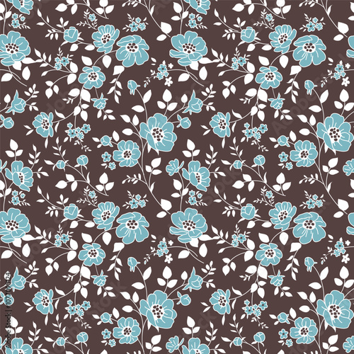 Seamless pattern with abstract flowers and leaves silhouette. Brown background with blossoming blue flowers. Wallpaper with cute blue flower in old vintage style. Vector stock illustration