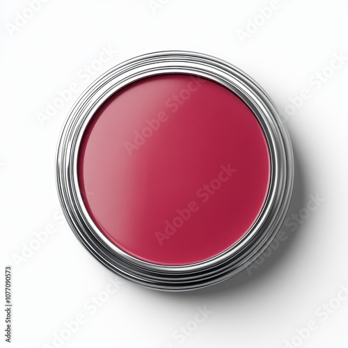 Open tin of vibrant red paint on white background with metal rim