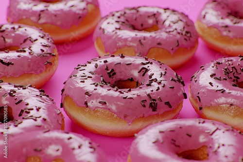 Pink donuts with chocolate chips. Artistic photo of creamy donuts with pink glaze on top and chocolate chips.  photo