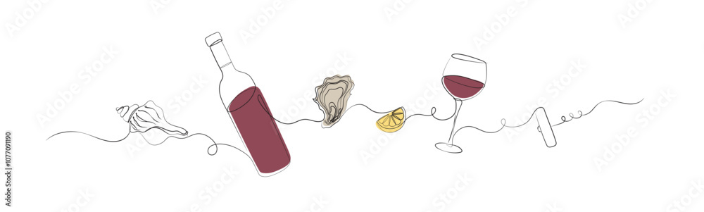 Seafood linear silhouette illustration with seashell, bottle of wine, oyster, lemon, glass, corkscrew drawing with color on white background