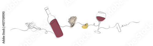 Obraz na płótnie Seafood linear silhouette illustration with seashell, bottle of wine, oyster, lemon, glass, corkscrew drawing with color on white background w salonie