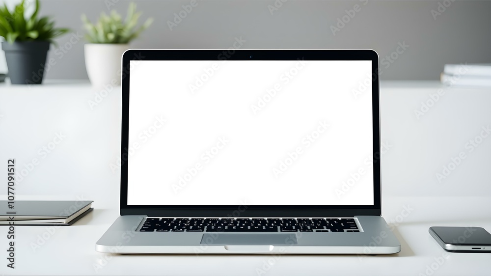 Fototapeta premium Laptop mock-up on a desk with a blank screen, ideal for showcasing websites or software applications