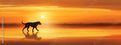 Serene Beach Sunset with Dog Silhouette, a tranquil scene capturing the essence of companionship and relaxation by the shore photo