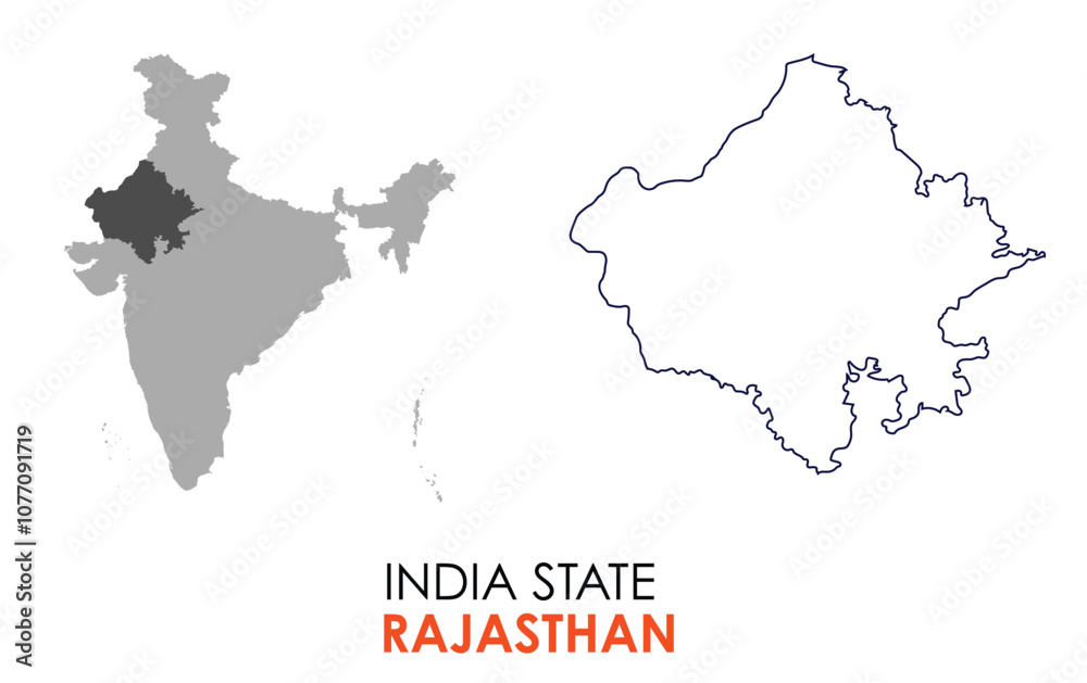 Fototapeta premium Rajasthan map of Indian state. Rajasthan map vector illustration. Rajasthan vector map on white background.