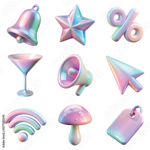 Collection of iridescent 3d icons including bell, star, percentages sign, loudspeaker, cursor, wi-fi, mushroom, tag