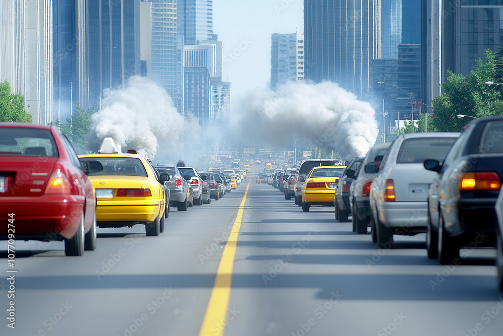 Fototapeta premium Heavy Traffic on Urban Road with Cars Emitting Smoke, Environmental Pollution and Commute in City