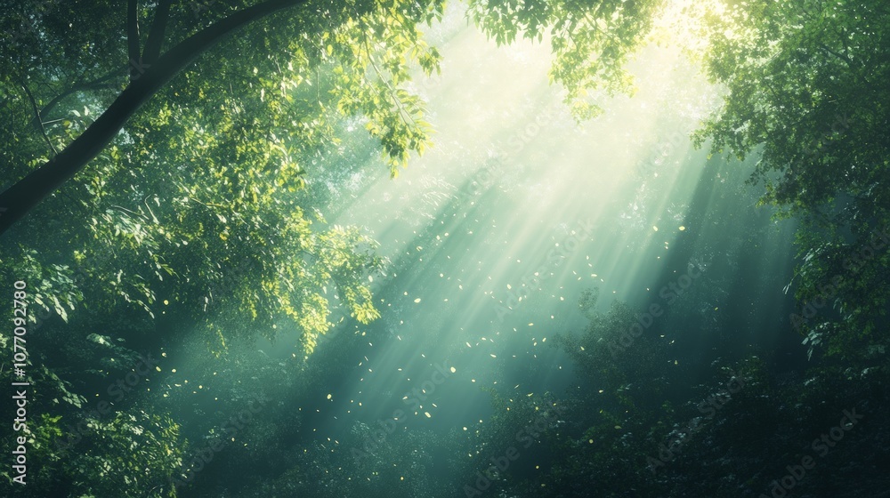 Fototapeta premium Lush Forest Canopy, a serene landscape featuring dense trees under a clear sky, sunlight streaming through leaves, casting a vibrant green glow on the forest floor
