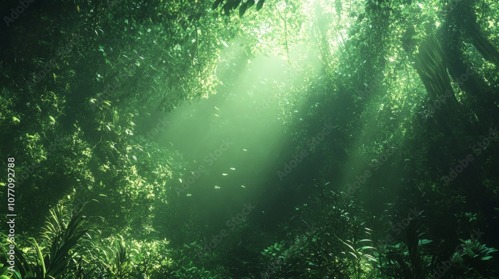 Fototapeta premium Lush Canopy Forest with Sunlight Filtering, a serene scene of dense green foliage under a clear sky, vibrant hues and tranquil ambiance enhance the natural beauty of the landscape