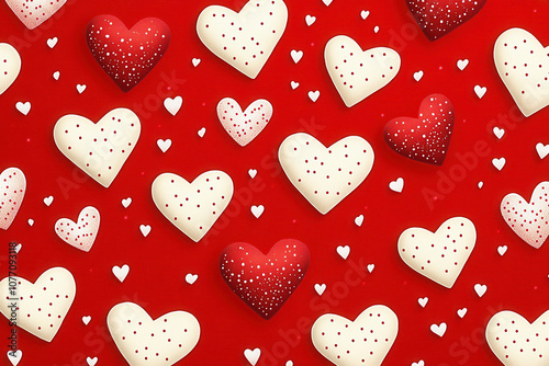 Pattern of White and Red Polka Dot Hearts on a Bright Red Background for Valentine's Day