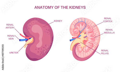 Kidney Anatomy Diagram. Detailed View of Human Kidney with Renal Cortex, Medulla, Pelvis, Artery, and Vein
