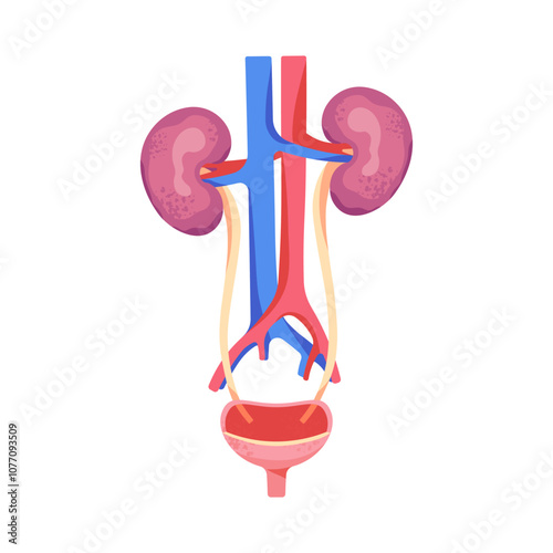 Human Urinary Tract Anatomy. Vector illustration of the human urinary system with kidneys, ureters, bladder, and blood vessels. 