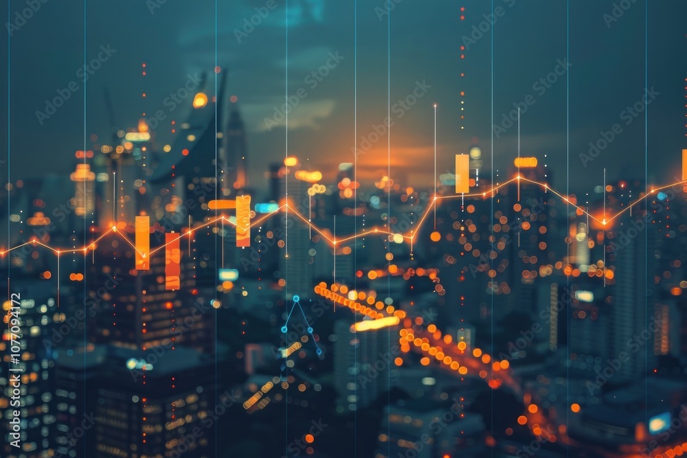Obraz premium City skyline with digital stock market graph overlay