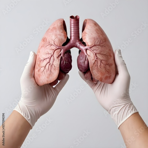 Human hands holding lung organ symbol. Awareness of lung cancer, pneumonia, asthma, COPD, pulmonary hypertension, world no tobacco day and eco air pollution. Respiratory and chest concept. photo