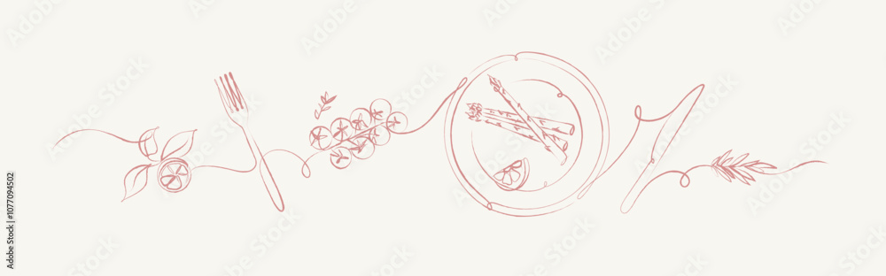 Vegetables linear silhouette illustration with lemon, fork, tomatoes, plate, asparagus, rosemary, knife drawing on beige background