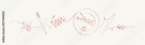 Obraz na płótnie Vegetables linear silhouette illustration with lemon, fork, tomatoes, plate, asparagus, rosemary, knife drawing on beige background w salonie