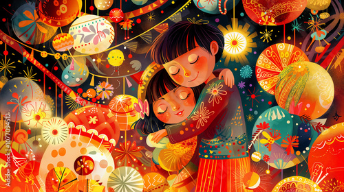 Colorful illustration Asian couple Hugging New Year's Eve festive lamps