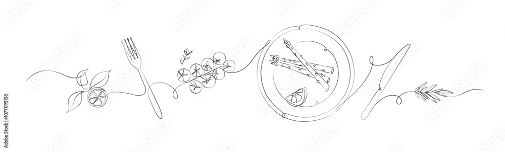 Vegetables linear silhouette illustration with lemon, fork, tomatoes, plate, asparagus, rosemary, knife drawing on white background