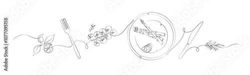 Obraz na płótnie Vegetables linear silhouette illustration with lemon, fork, tomatoes, plate, asparagus, rosemary, knife drawing on white background w salonie