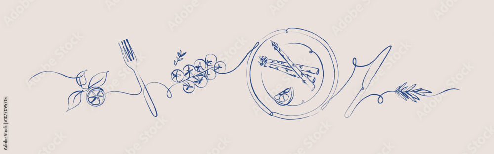 Vegetables linear silhouette illustration with lemon, fork, tomatoes, plate, asparagus, rosemary, knife drawing with blue on beige background