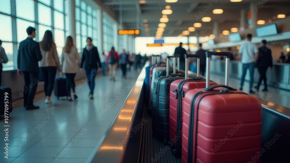 A row of luggage is on a conveyor belt in an airport