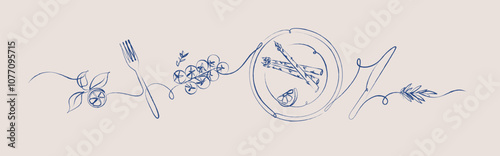 Obraz na płótnie Vegetables linear silhouette illustration with lemon, fork, tomatoes, plate, asparagus, rosemary, knife drawing with blue on beige background w salonie