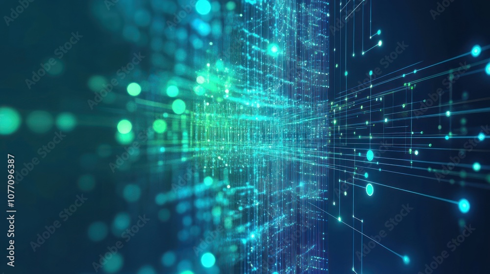 Fototapeta premium Digital abstract technology green data matrix with broad connection concept background wallpaper AI generated image