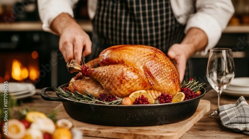 A chef carves a roasted turkey on a table set for a holiday meal. photo