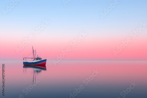 Fishing trawler gliding through a calm sea under a serene sky – Ideal for maritime, fishing industry, and coastal life themes photo