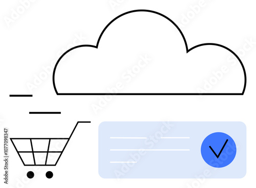 Shopping cart moving toward cloud, blue checkmark on document. Ideal for e-commerce, cloud services, online security, digital transactions, data storage, tech innovation retail. Line metaphor