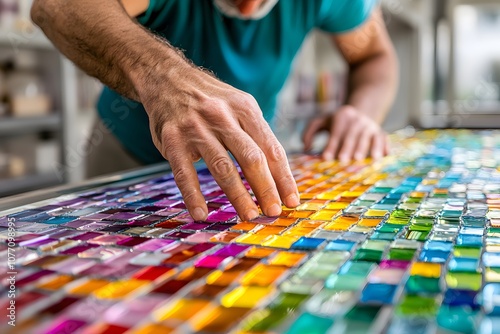 Glass artist crafting a colourful stained glass piece – Showcasing creativity, craftsmanship, and vibrant art in glassmaking photo