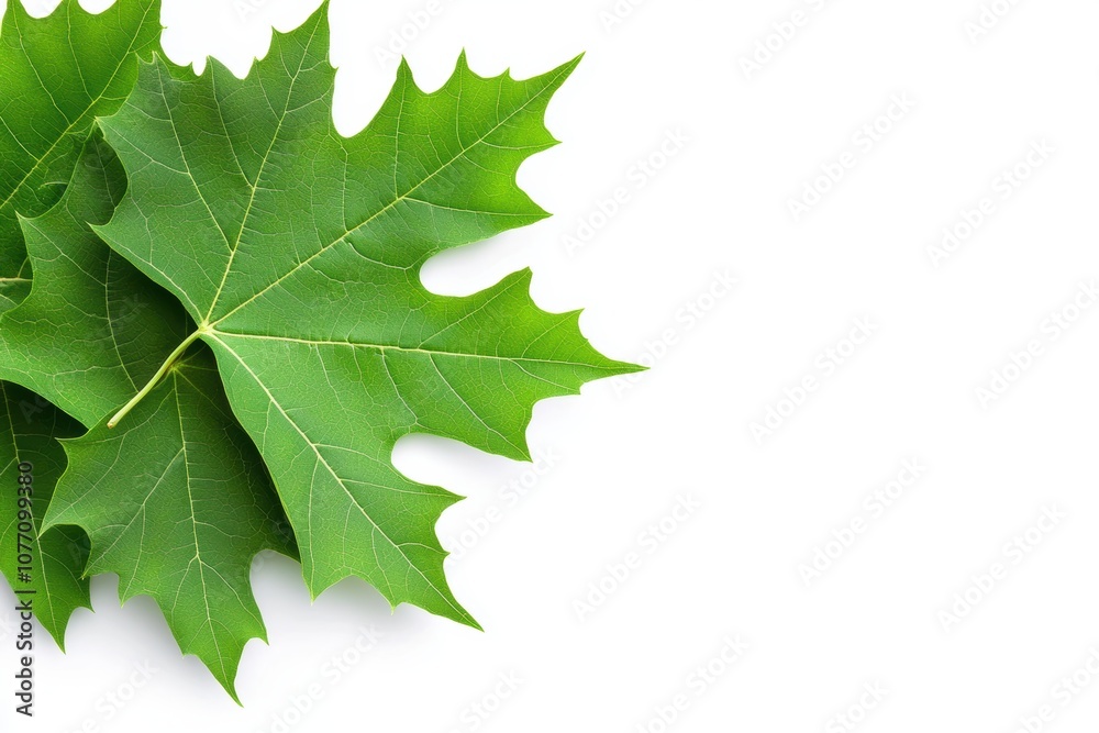 A close-up of green maple leaves, showcasing intricate vein patterns and soft edges, natural and photorealistic, isolated on white background A close-up of green maple leaves, showcasing intricate vein patterns and soft edges, natural and photorealistic, isolated on white background