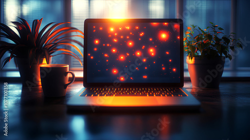 A laptop sits on a dimly lit desk with a mesmerizing display of glowing orange-red dots on its screen, casting a warm glow around the workspace