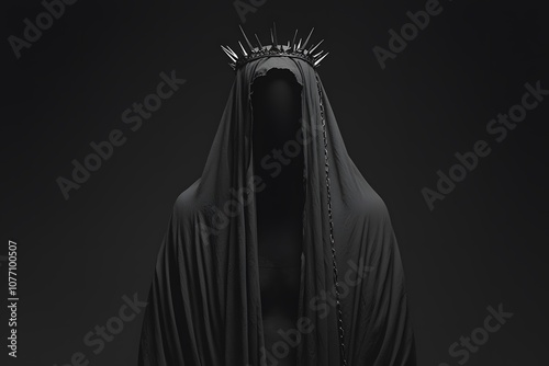 Close-up of a gothic-inspired Asian cult figure, draped in a dark, flowing cloak, with chains wrapped around the body, featuring a mysterious and eerie aura, set against a shadowy background photo