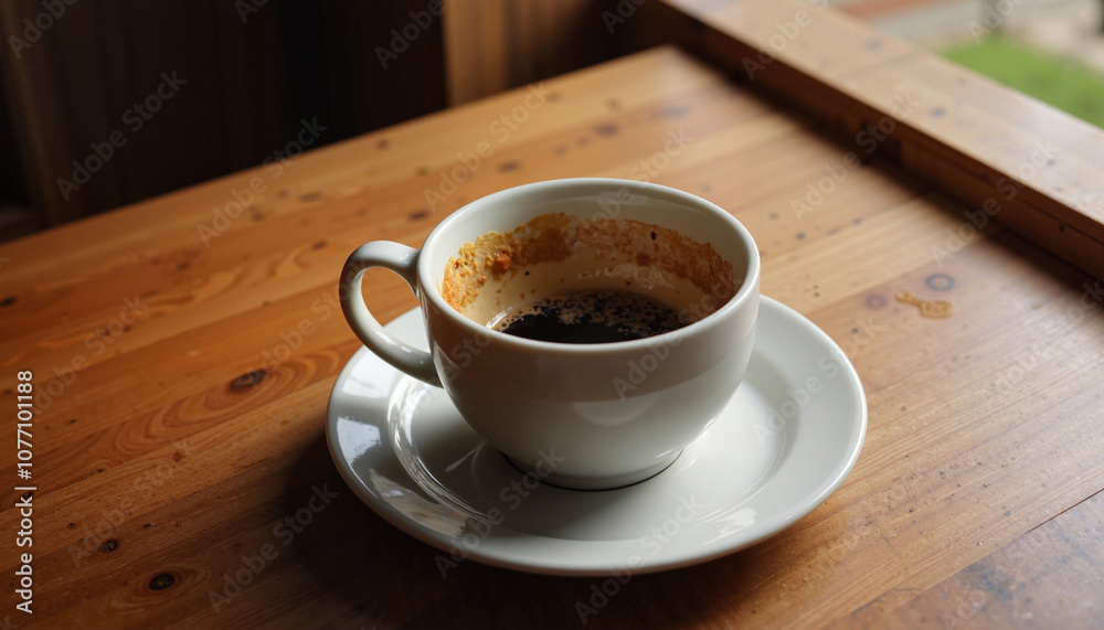 Obraz premium Empty coffee cup on a wooden table with coffee residue for cozy café atmosphere