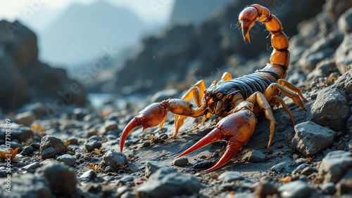 Scorpion with a fierce mood standing on rocky terrain in a natural environment photo