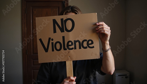 Person holding a protest sign reading 'No Violence' to advocate for peace and awareness photo