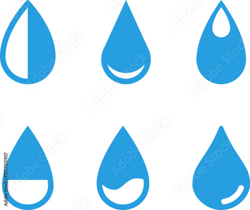 Vector blue water drop icon set. Flat droplet shapes collection