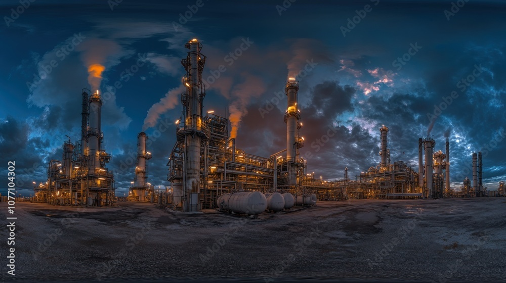 Obraz premium Illuminated Industrial Complex at Dusk with Smoke Plumes