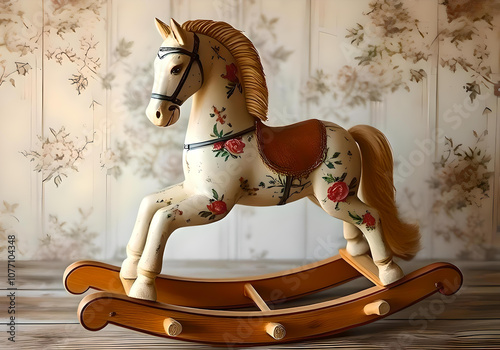 Decoupage art,  wooden rocking horse with floral design in nursery, AI Generation photo