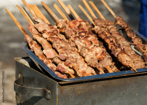 skewers of meat prepares outdoors photo