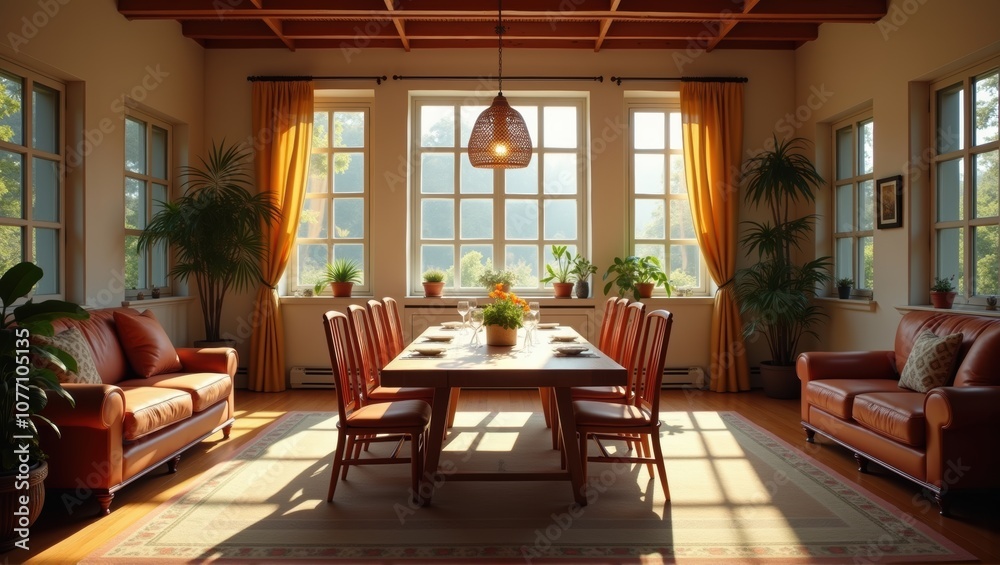 Obraz premium Elegant dining room with large table, natural light, warm colors, sophisticated decor. Generative, AI,