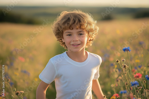 oyful Child with Curly Hair Running Through Wildflower Meadow photo