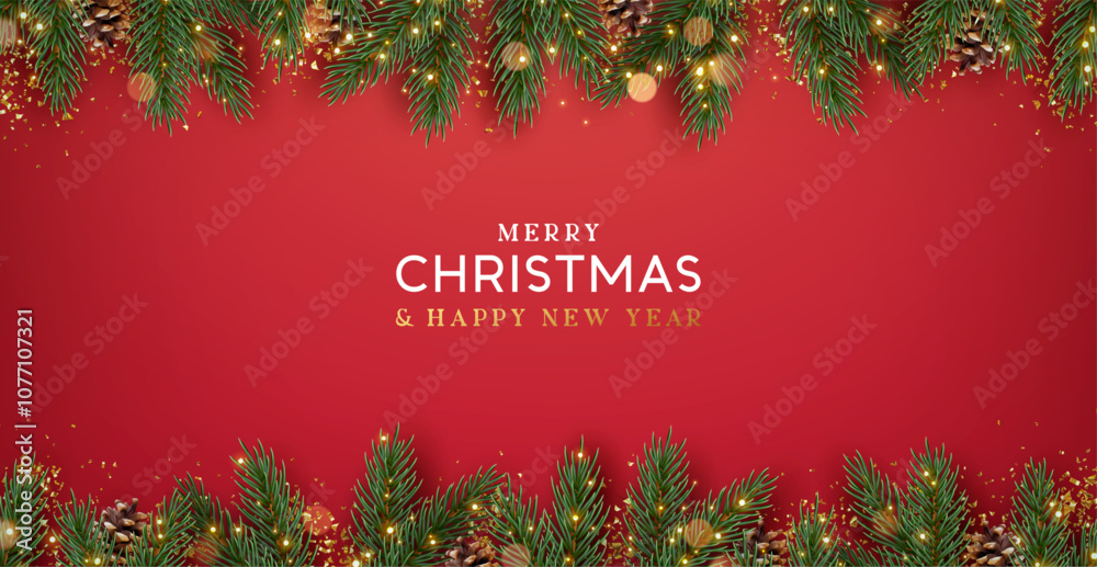 Φωτογραφία Christmas decoration border with fir branches and golden glitter confetti and sparkles of lights blur bokeh on red background