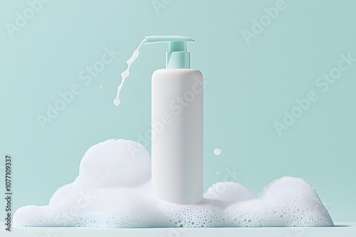 Mock-up of a sleek, modern cosmetic bottle with a minimalist design, featuring a clean label and a shiny cap, set against a neutral background for product branding display. photo