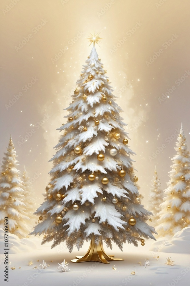Obraz premium Christmas Tree in Creamy White and Gold Color Scheme on Shimmering Gold Background