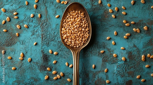 An empty spoon lies on grains of wheat, representing the growing concern over global food supply and hunger photo