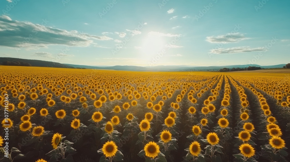 Fototapeta premium Sunlit Field of Sunflowers Under a Blue Sky
