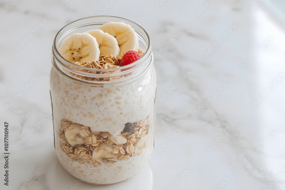 Overnight oats in a mason jar, topped with fresh fruit and a sprinkle of seeds, showcasing a healthy and convenient breakfast option for busy mornings Overnight oats in a mason jar, topped with fresh fruit and a sprinkle of seeds, showcasing a healthy and convenient breakfast option for busy mornings